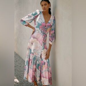 Anthropologie Boamar Riviere Dress Floral V-Neck Size Large